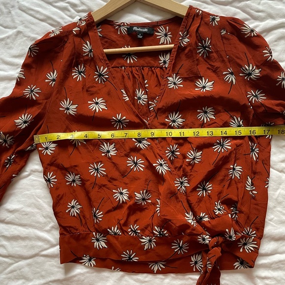 MADEWELL 100% Silk Floral Top 3/4 Bishop Sleeves Ruffled Waist Tie Size Small - Picture 3 of 6
